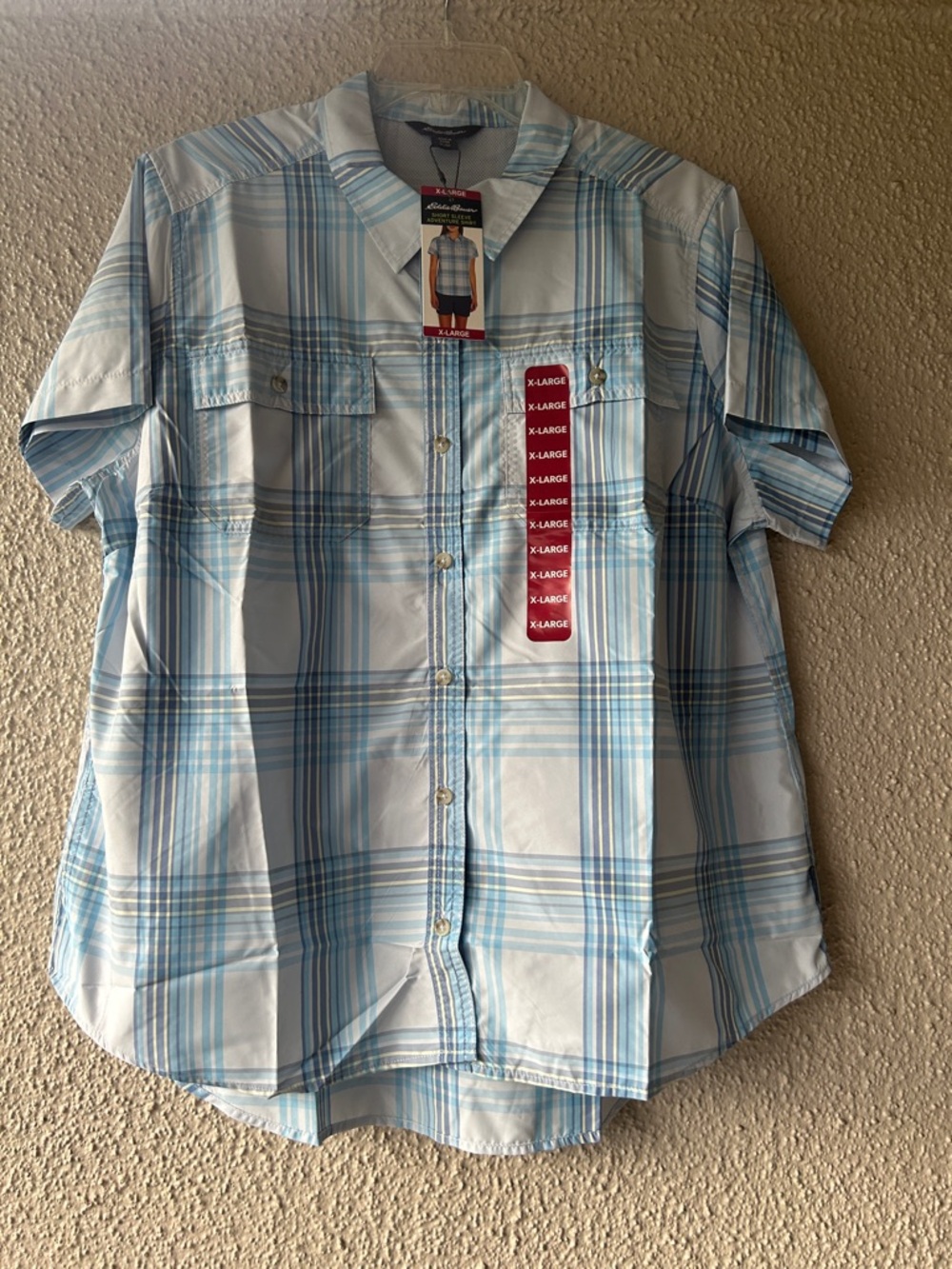 Eddie Bauer Women's Short Sleeve UPF 50+ Adventure plaid Size XL blue white NWT
